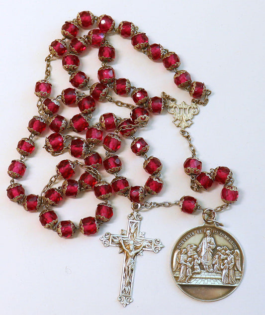 Dated 1888 Faceted Pink Crystal & Sterling Catholic Rosary - All Beads Silver Capped - French- Pristine -V.Rare