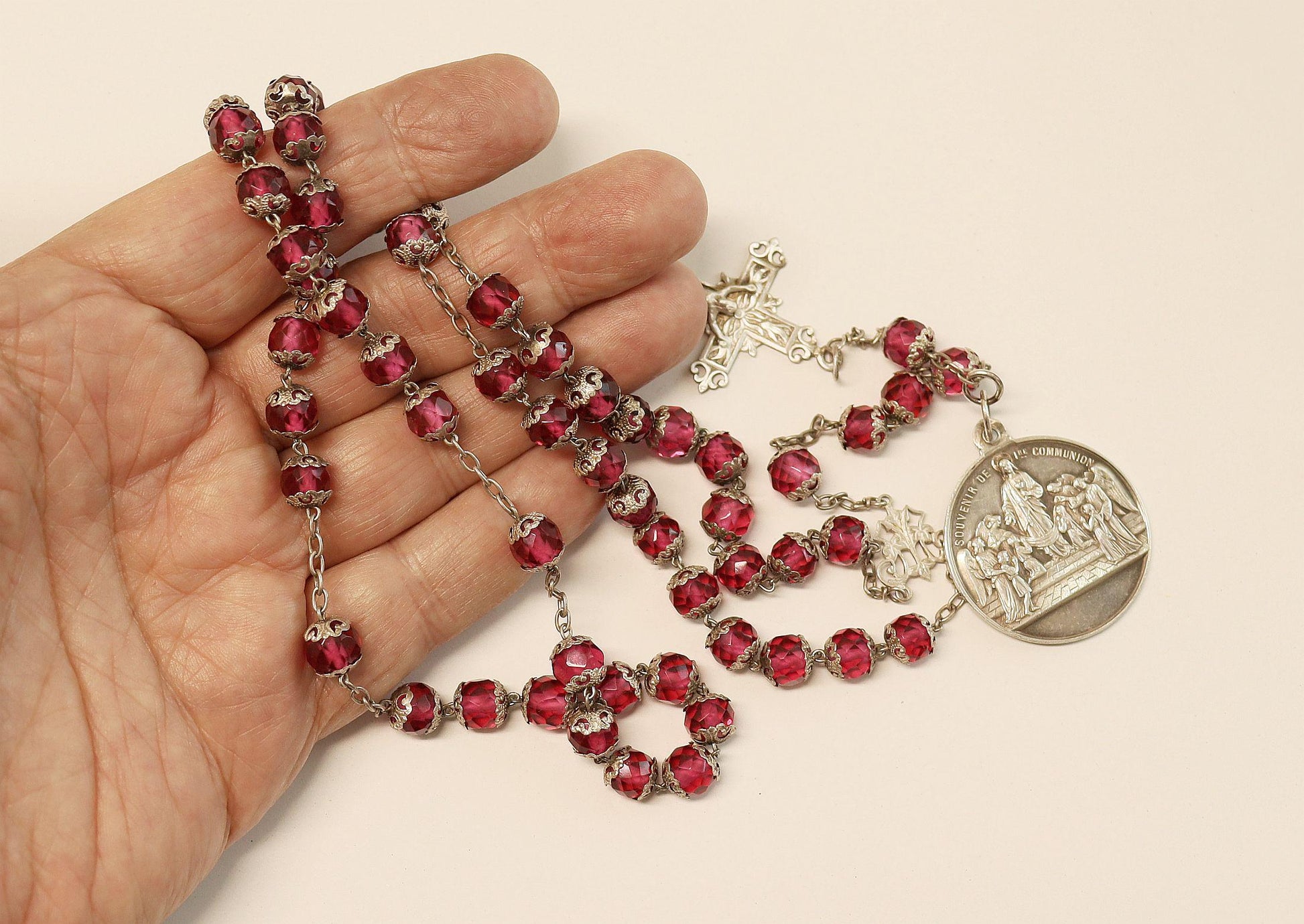 Dated 1888 Faceted Pink Crystal & Sterling Catholic Rosary - All Beads Silver Capped - French- Pristine -V.Rare
