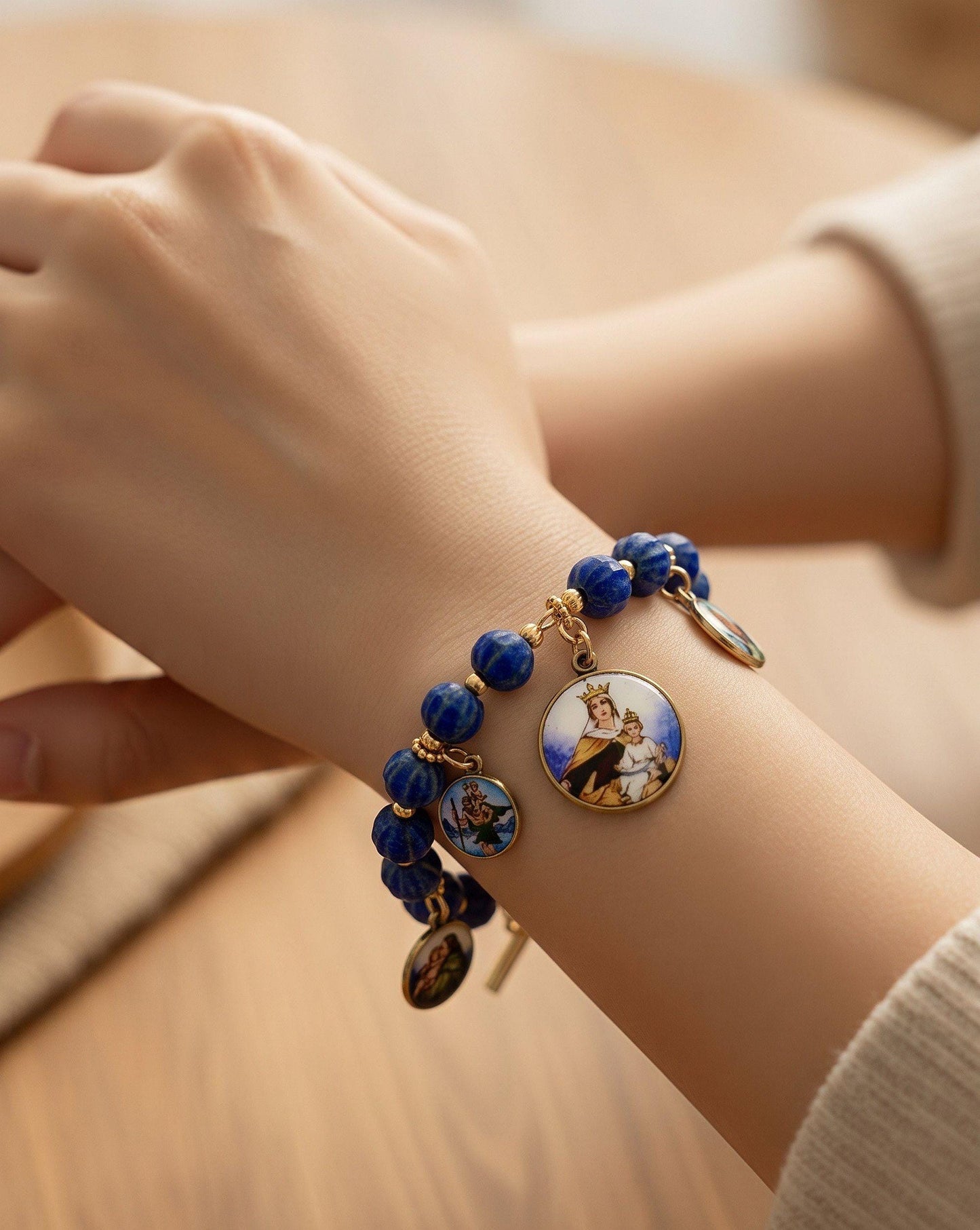 Sapphire Bracelet w 9 Vintage Enameled Painted Miniature Religious Medals in Vermeil Frames