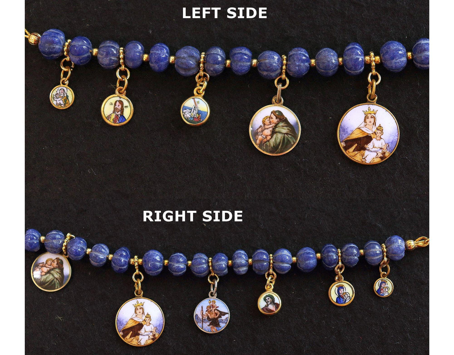 Sapphire Bracelet w 9 Vintage Enameled Painted Miniature Religious Medals in Vermeil Frames