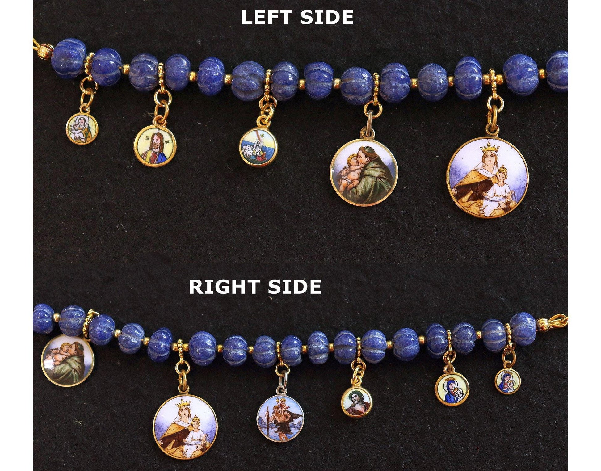 Sapphire Bracelet w 9 Vintage Enameled Painted Miniature Religious Medals in Vermeil Frames