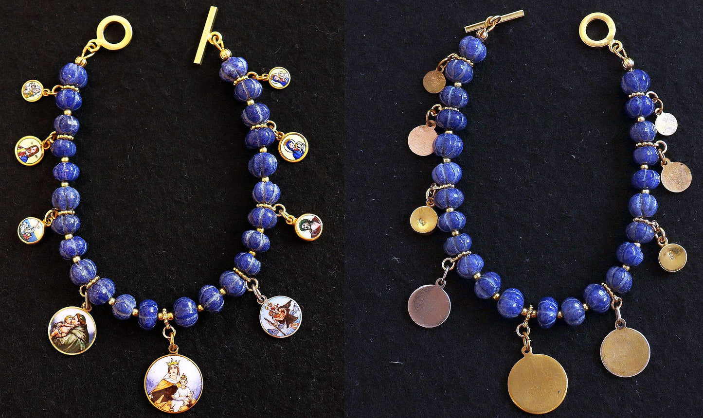 Sapphire Bracelet w 9 Vintage Enameled Painted Miniature Religious Medals in Vermeil Frames