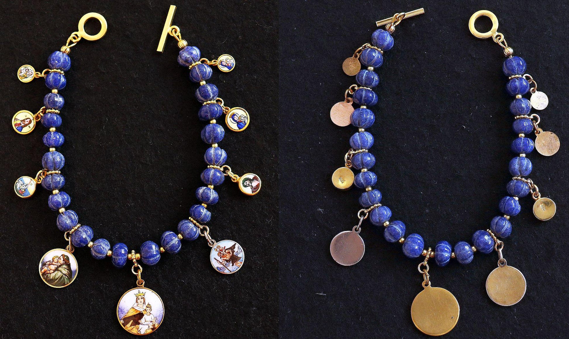 Sapphire Bracelet w 9 Vintage Enameled Painted Miniature Religious Medals in Vermeil Frames
