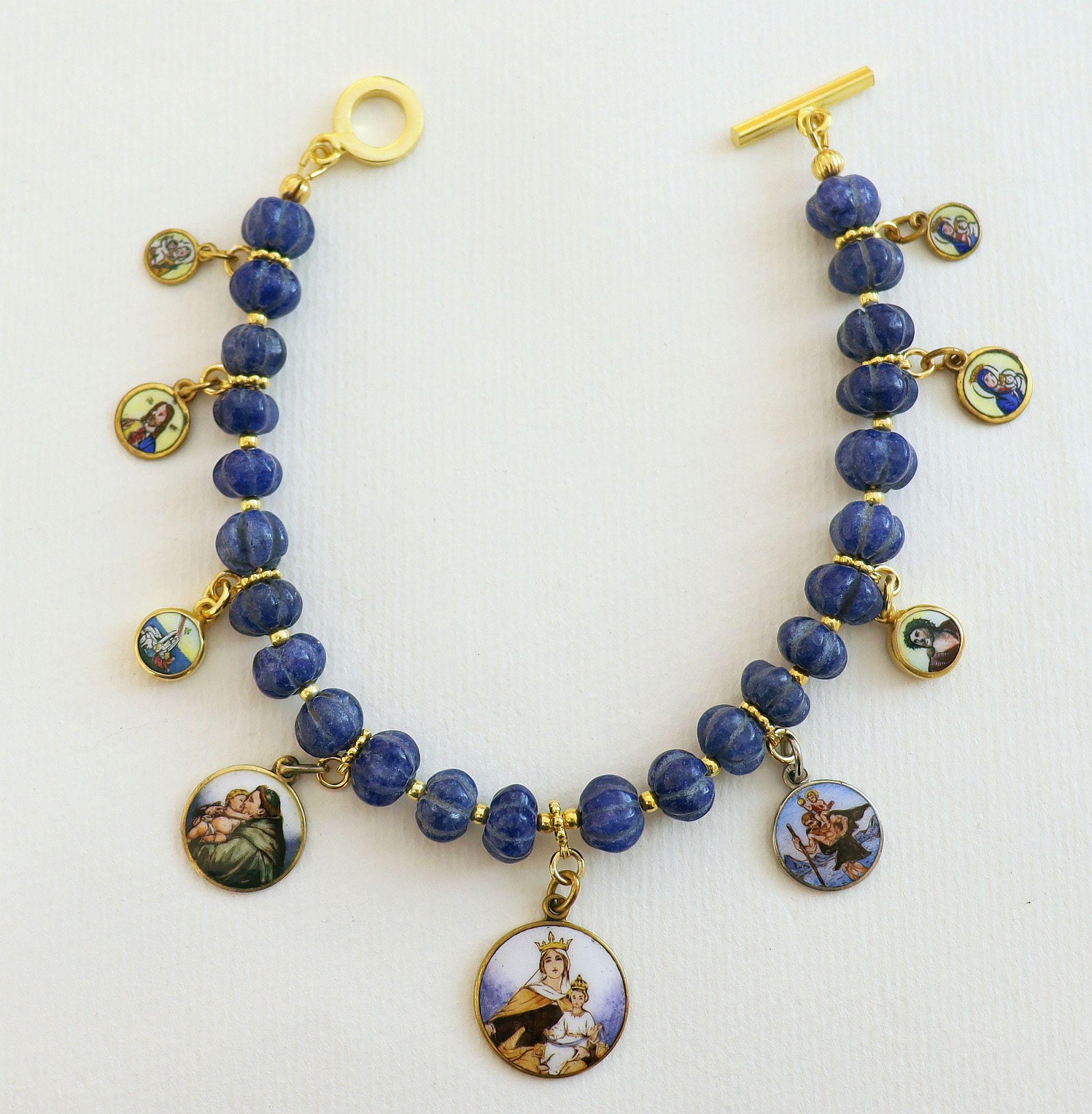 Sapphire Bracelet w 9 Vintage Enameled Painted Miniature Religious Medals in Vermeil Frames