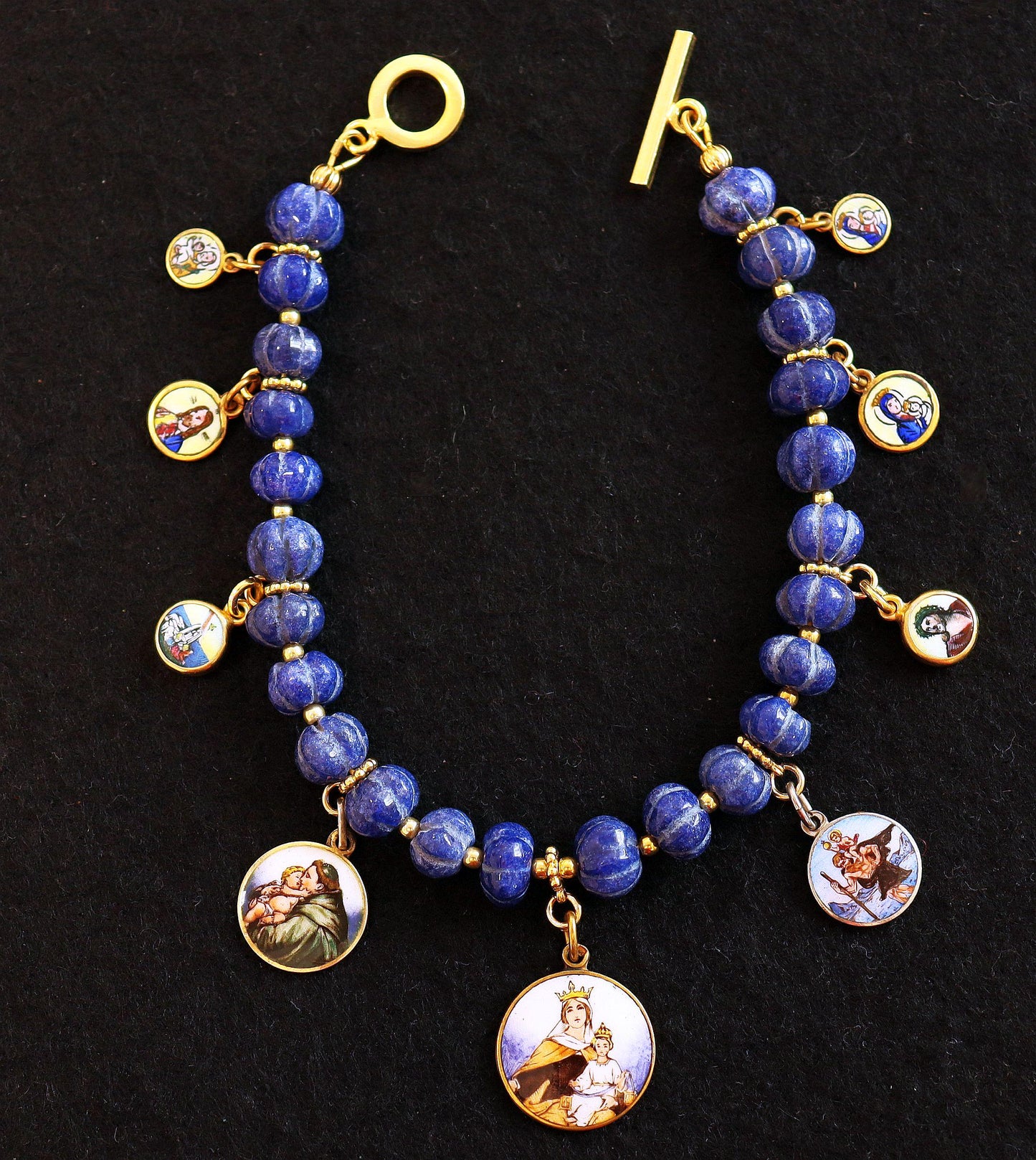 Sapphire Bracelet w 9 Vintage Enameled Painted Miniature Religious Medals in Vermeil Frames