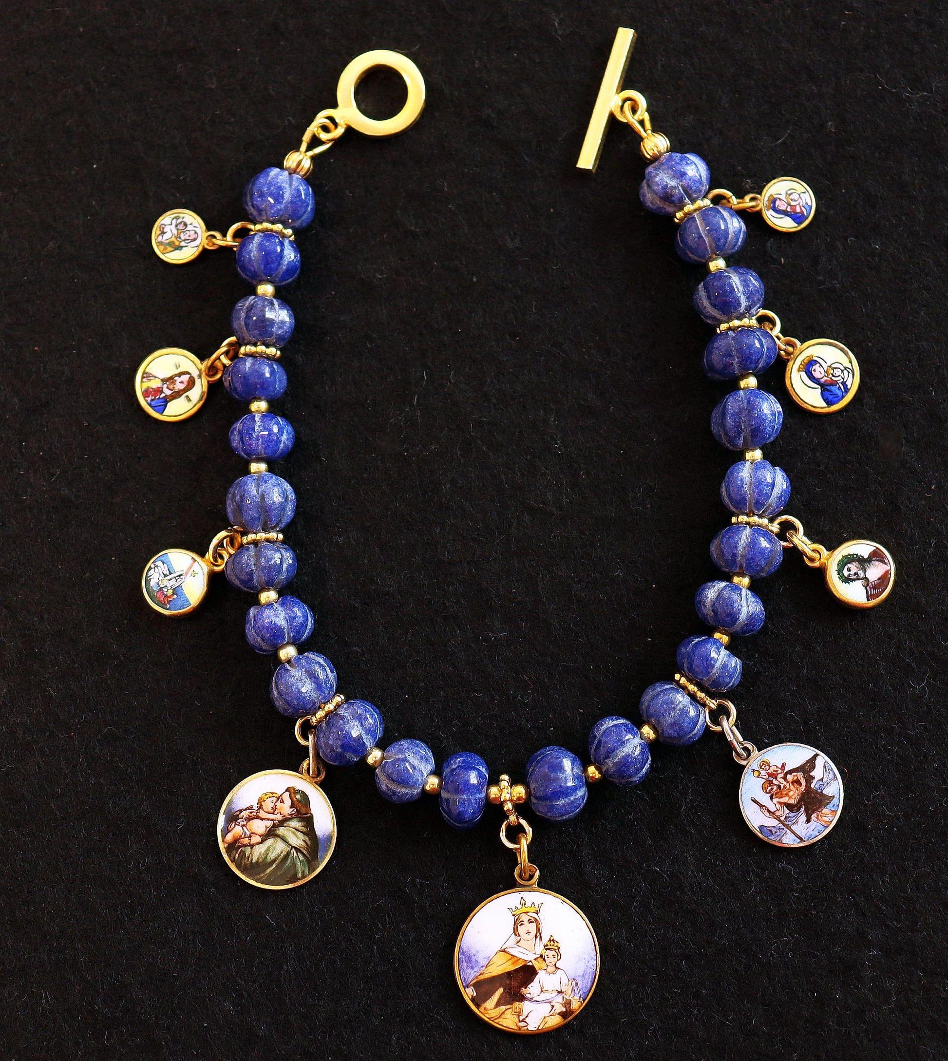 Sapphire Bracelet w 9 Vintage Enameled Painted Miniature Religious Medals in Vermeil Frames