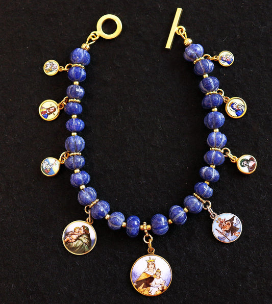Sapphire Bracelet w 9 Vintage Enameled Painted Miniature Religious Medals in Vermeil Frames