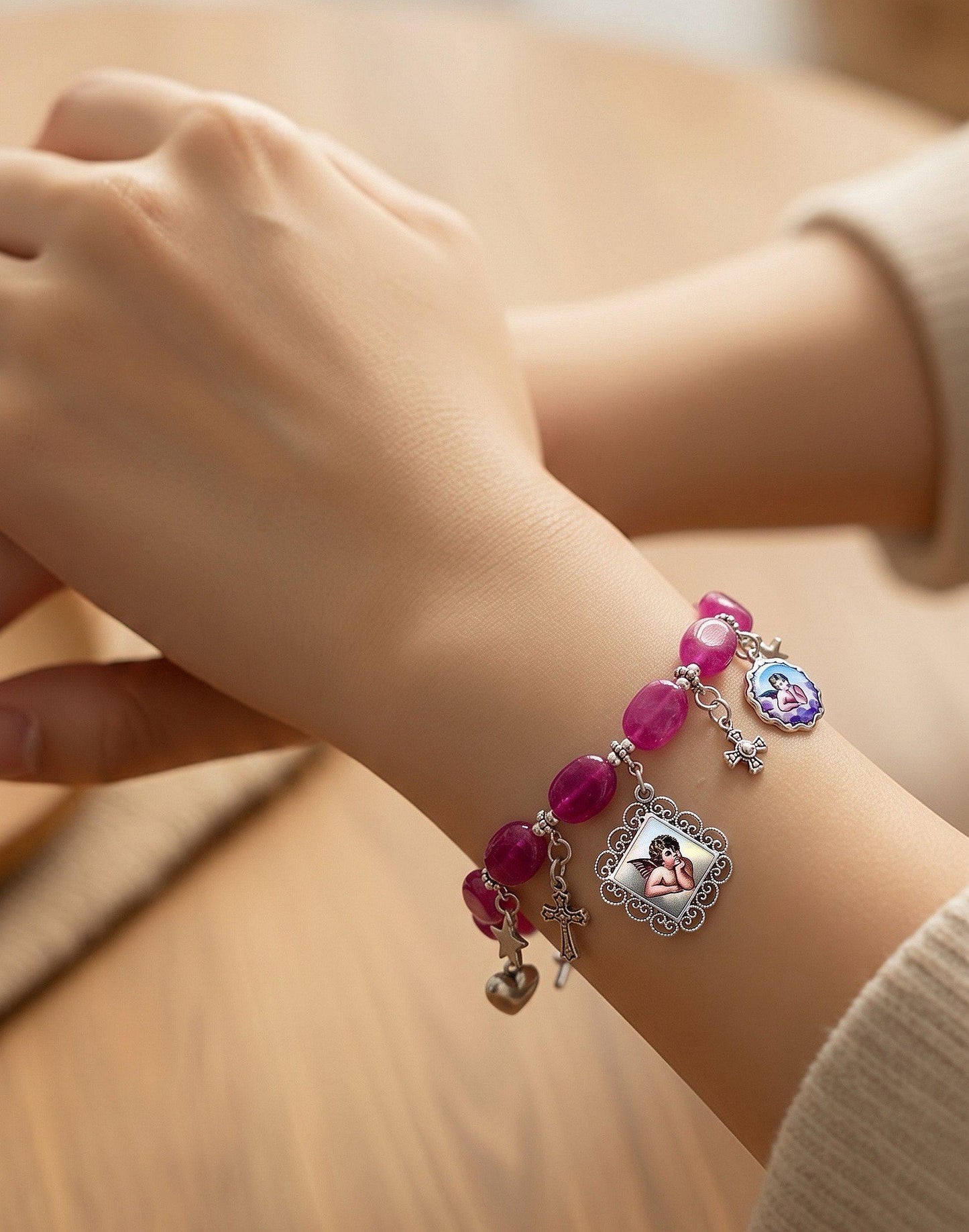 Pink Ruby & Sterling Silver Bracelet w Vintage Enameled Medals of Raphael Cherubs