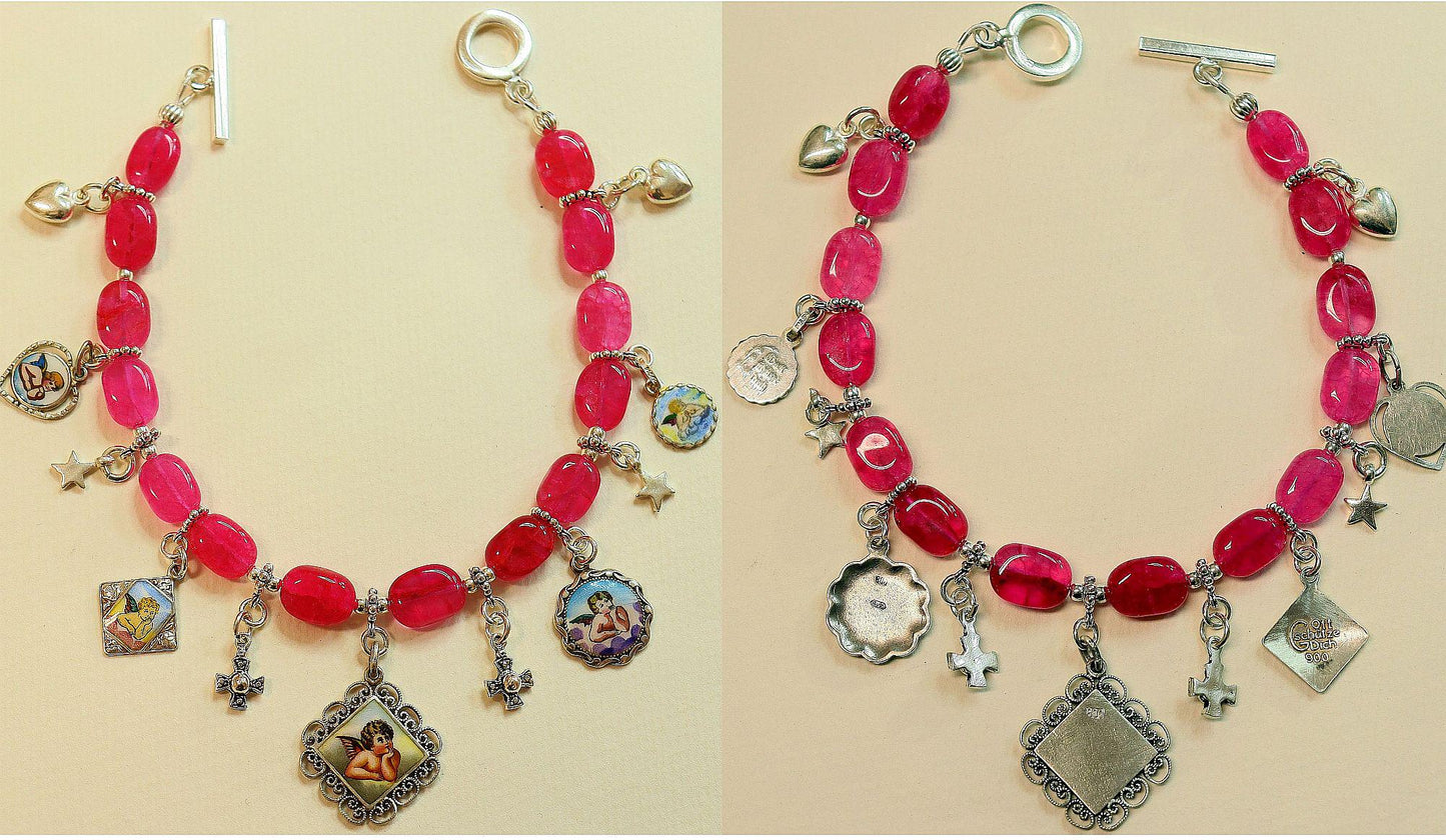 Pink Ruby & Sterling Silver Bracelet w Vintage Enameled Medals of Raphael Cherubs