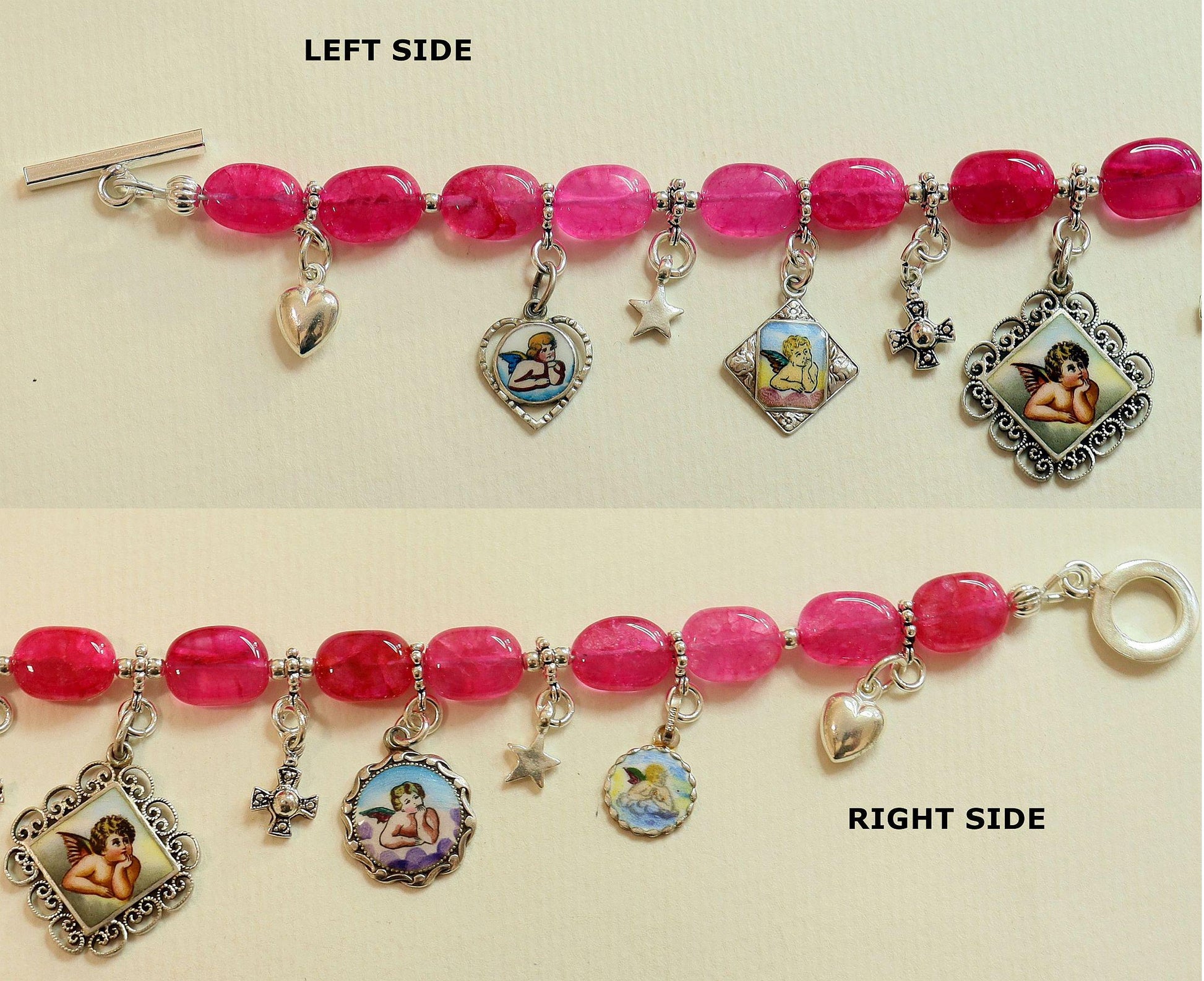 Pink Ruby & Sterling Silver Bracelet w Vintage Enameled Medals of Raphael Cherubs