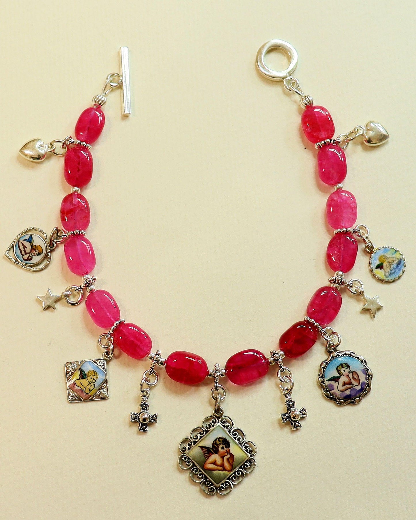 Pink Ruby & Sterling Silver Bracelet w Vintage Enameled Medals of Raphael Cherubs