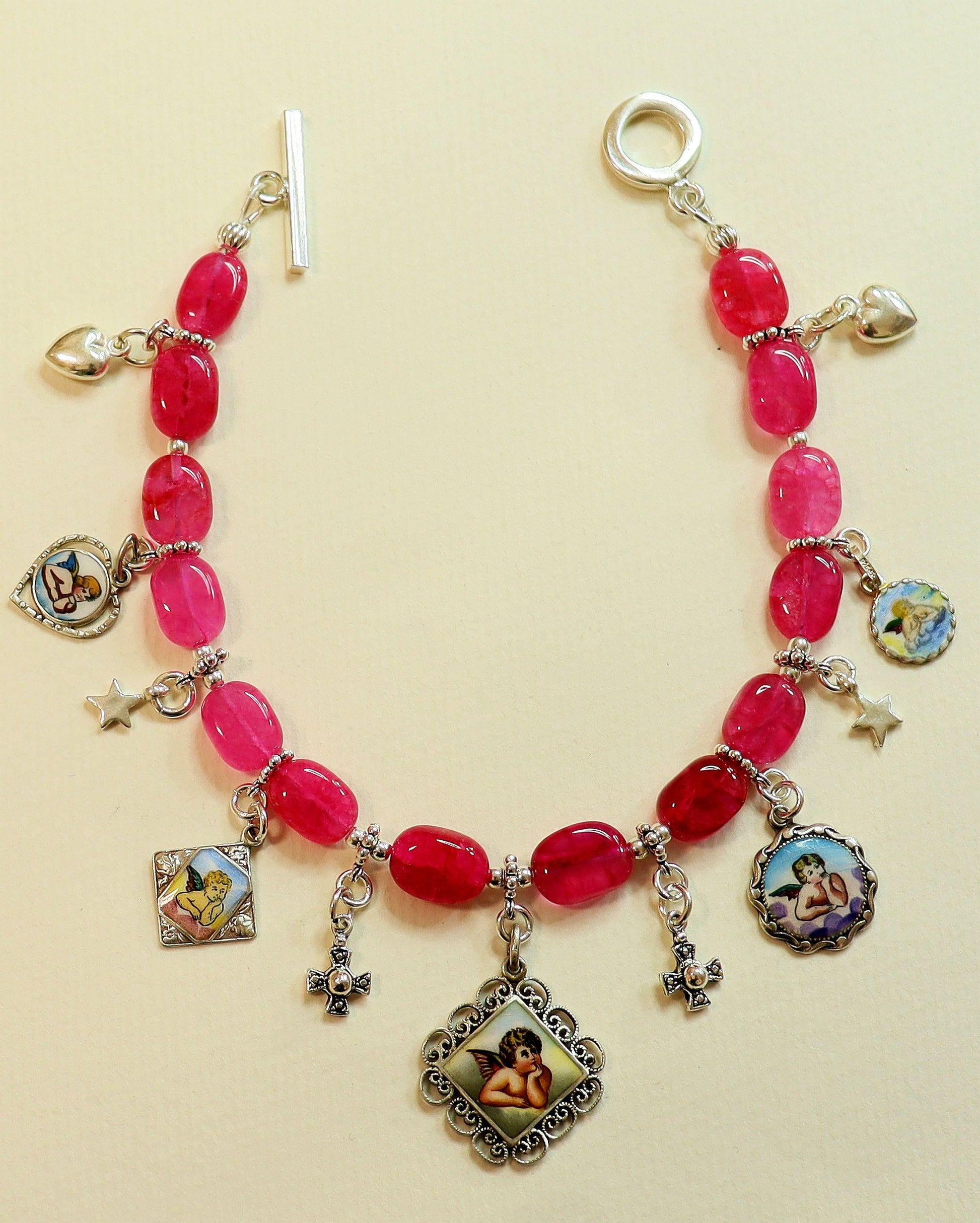 Pink Ruby & Sterling Silver Bracelet w Vintage Enameled Medals of Raphael Cherubs