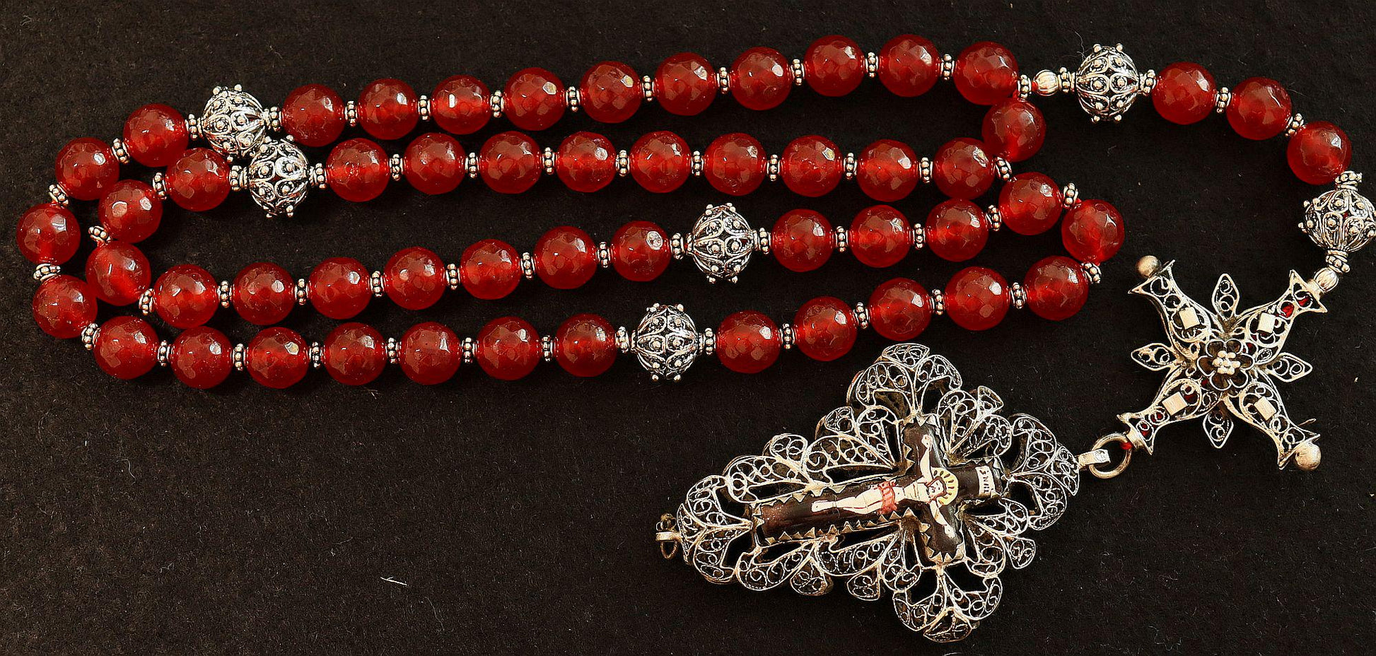 Biedermeier Bavarian Garnet & Stirling Filigree Catholic Rosary Complete w. Credo and Reliquary Porcelain Inlay Cross Exceptional - unique