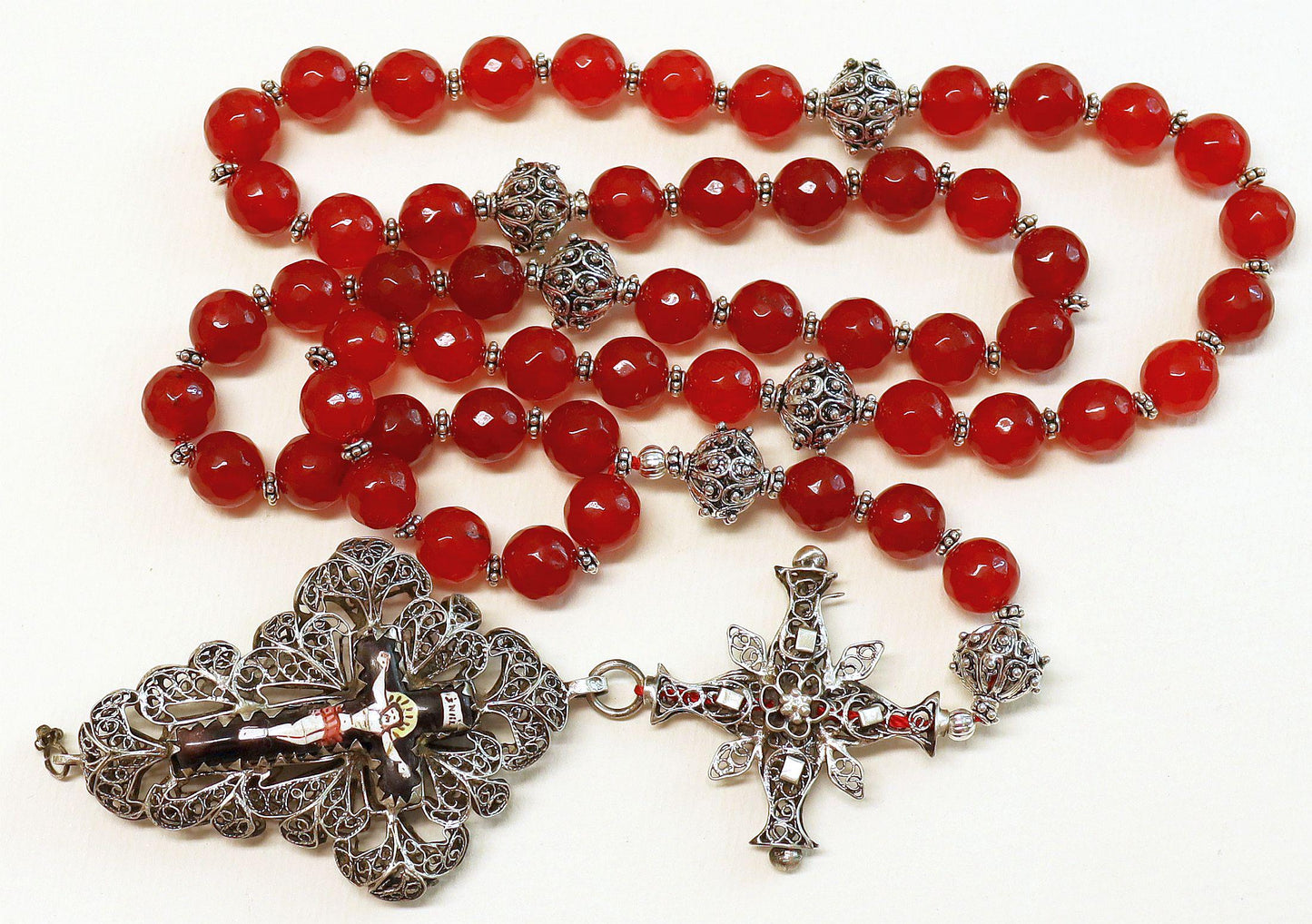 Biedermeier Bavarian Garnet & Stirling Filigree Catholic Rosary Complete w. Credo and Reliquary Porcelain Inlay Cross Exceptional - unique