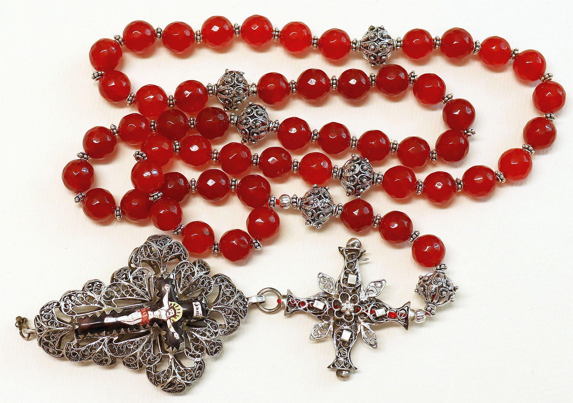 Biedermeier Bavarian Garnet & Stirling Filigree Catholic Rosary Complete w. Credo and Reliquary Porcelain Inlay Cross Exceptional - unique