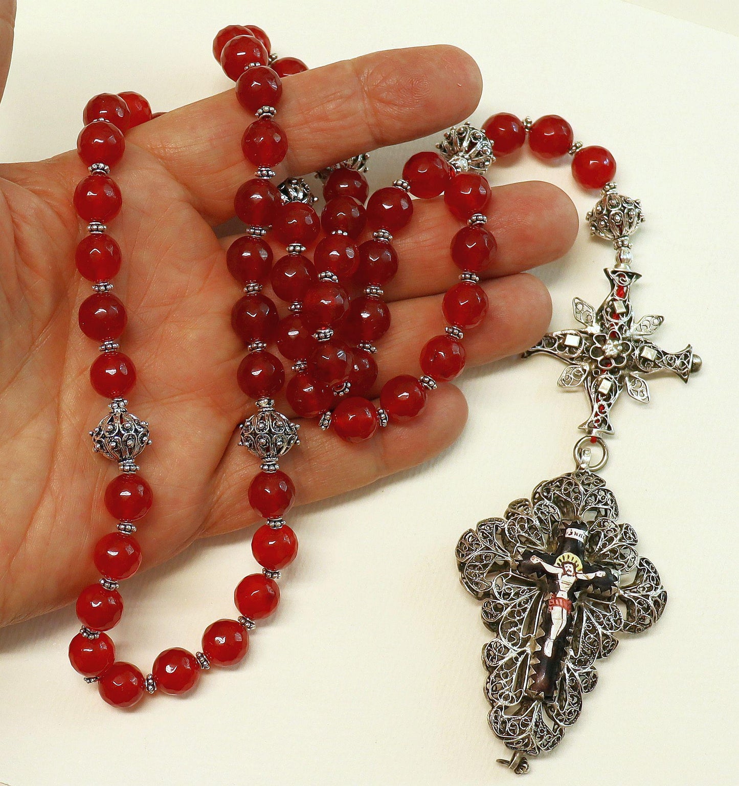 Biedermeier Bavarian Garnet & Stirling Filigree Catholic Rosary Complete w. Credo and Reliquary Porcelain Inlay Cross Exceptional - unique