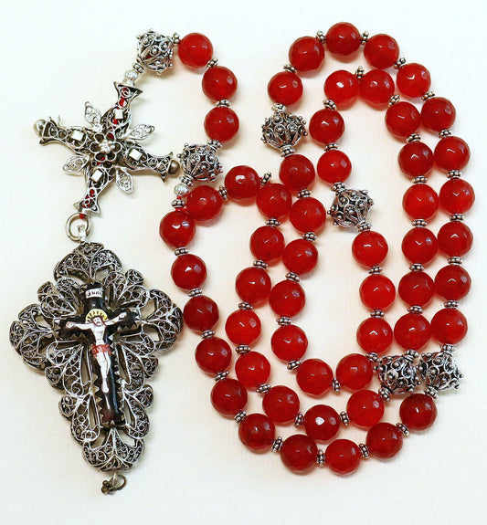 Biedermeier Bavarian Garnet & Stirling Filigree Catholic Rosary Complete w. Credo and Reliquary Porcelain Inlay Cross Exceptional - unique