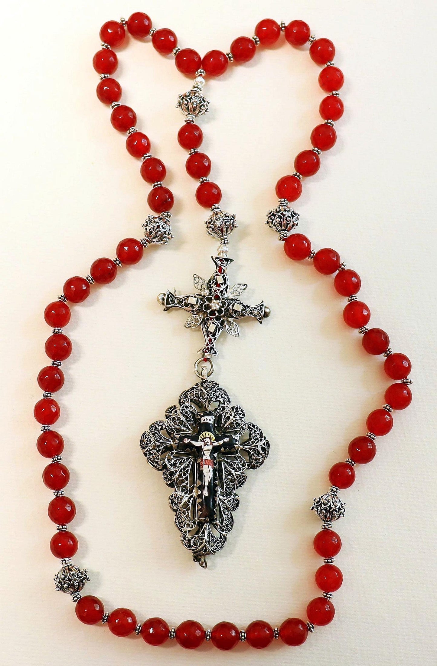Biedermeier Bavarian Garnet & Stirling Filigree Catholic Rosary Complete w. Credo and Reliquary Porcelain Inlay Cross Exceptional - unique