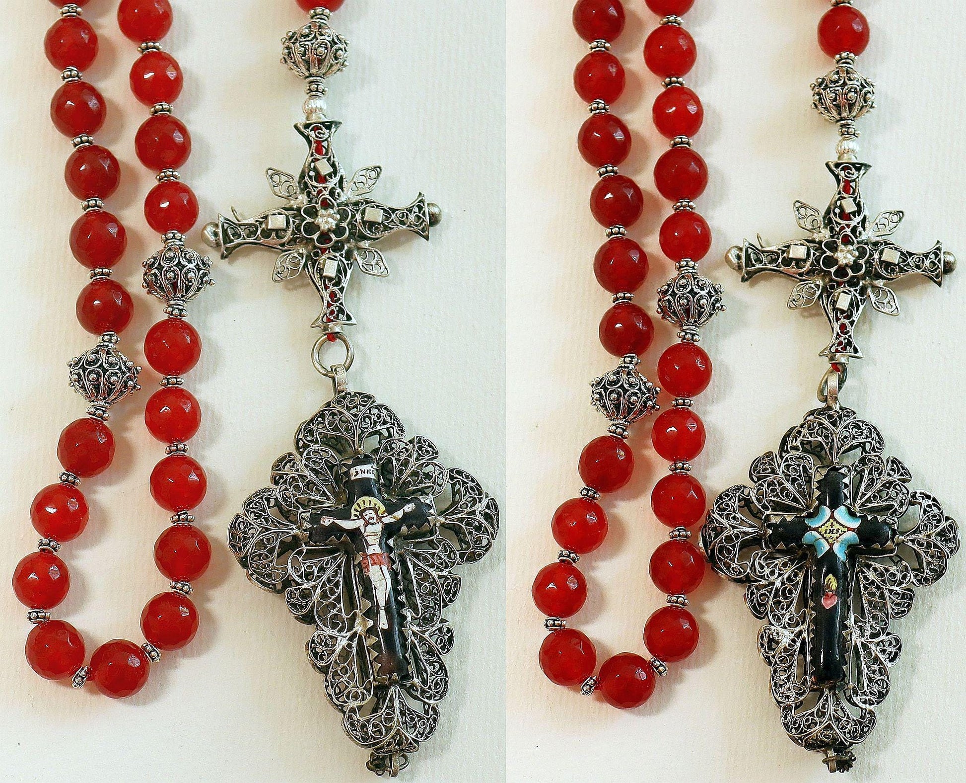 Biedermeier Bavarian Garnet & Stirling Filigree Catholic Rosary Complete w. Credo and Reliquary Porcelain Inlay Cross Exceptional - unique