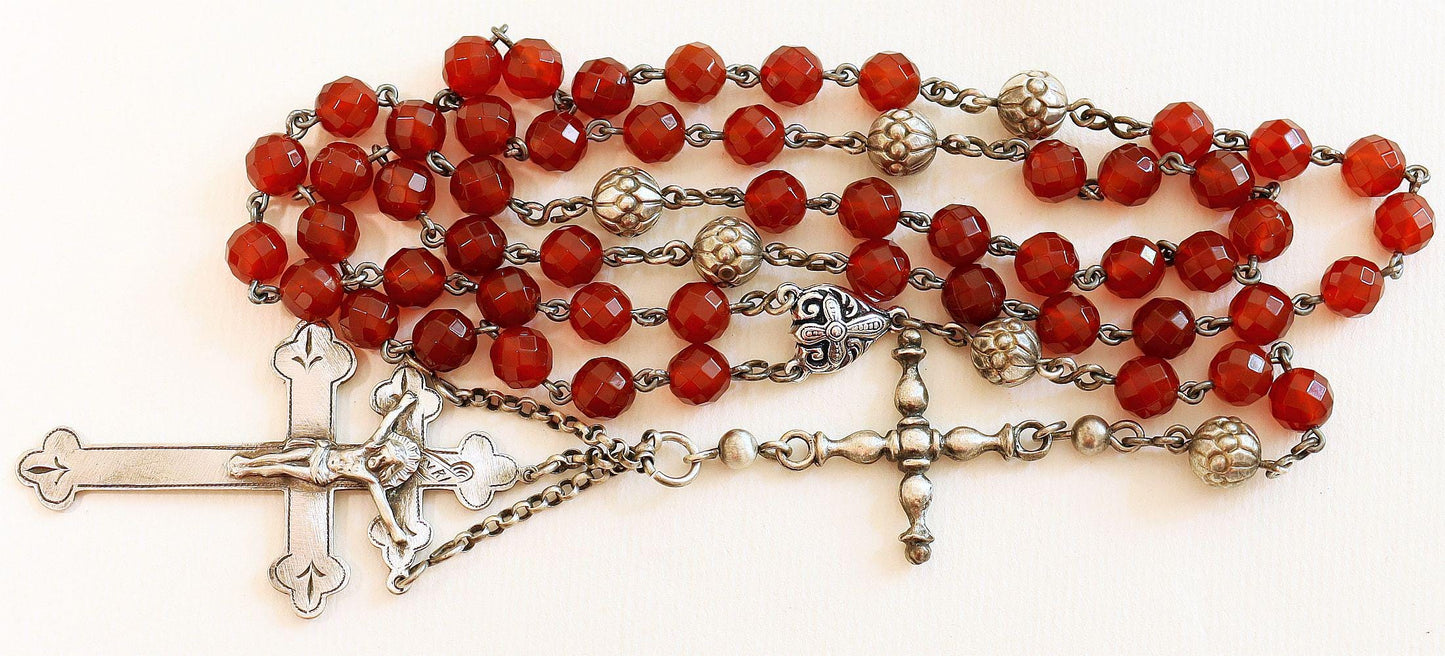 Antique Sterling Silver & Carnelian Catholic Rosary w Lorraine Cross - Early 20th Cent. Very Rare