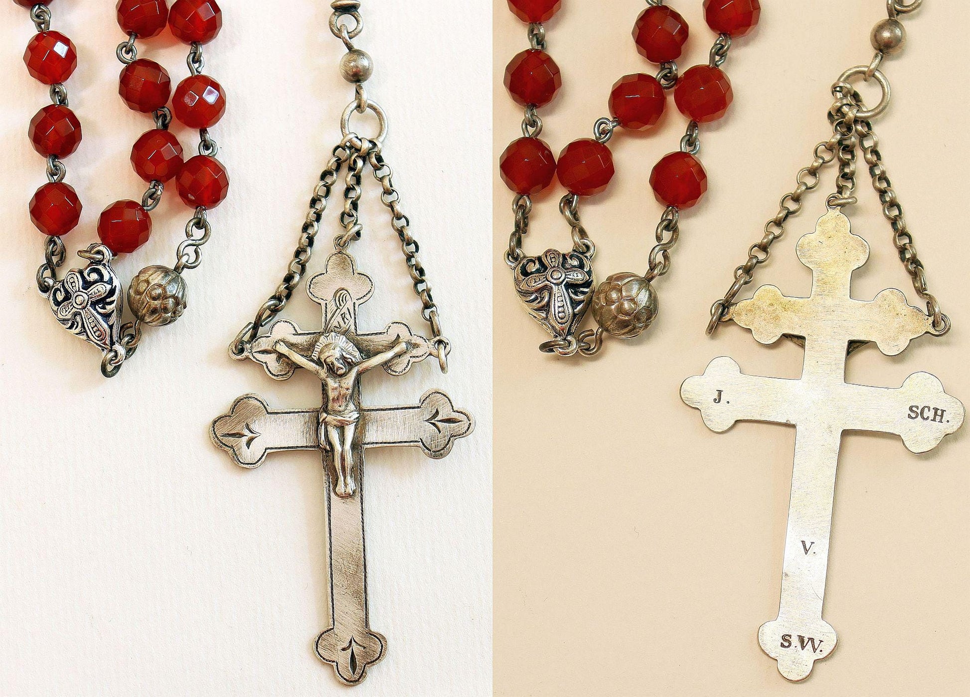 Antique Sterling Silver & Carnelian Catholic Rosary w Lorraine Cross - Early 20th Cent. Very Rare