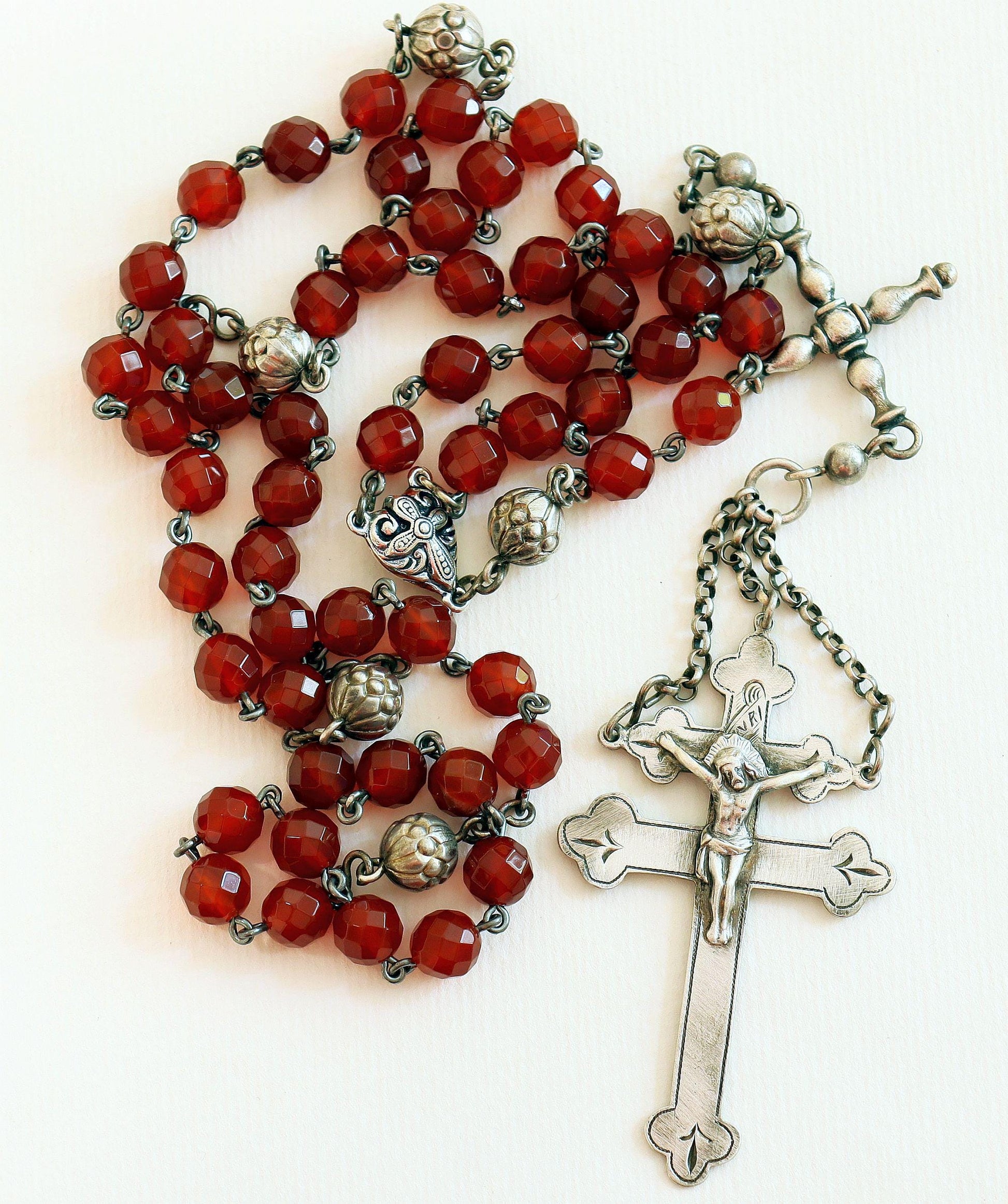 Antique Sterling Silver & Carnelian Catholic Rosary w Lorraine Cross - Early 20th Cent. Very Rare