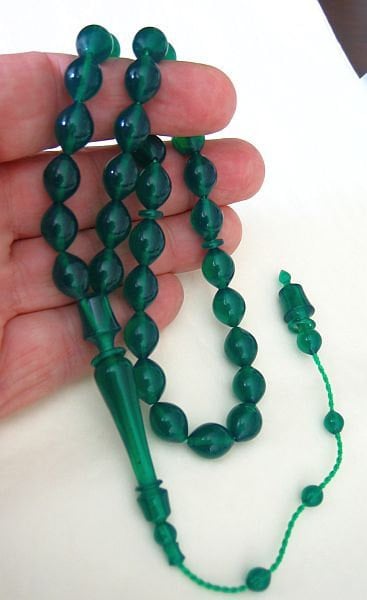 Prayer Beads Tesbih Green Turkish Amber Catalin - SUFI CARVING - COLLECTOR'S
