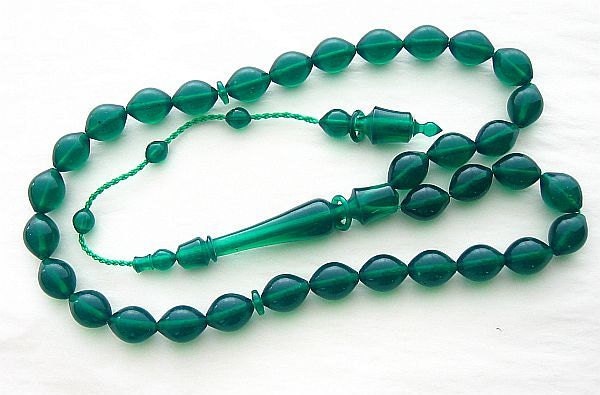 Prayer Beads Tesbih Green Turkish Amber Catalin - SUFI CARVING - COLLECTOR'S
