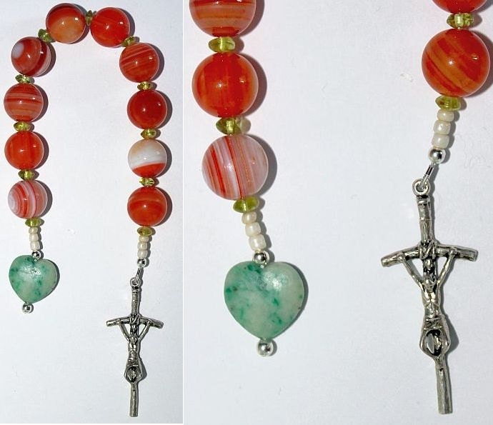 Catholic Open Chaplet -One Decade Rosary- Banded Agate, Peridot & Sterling Silver