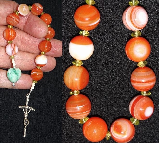 Catholic Open Chaplet -One Decade Rosary- Banded Agate, Peridot & Sterling Silver