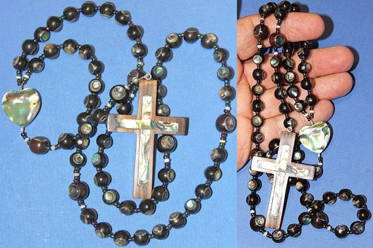 Catholic Rosary of Ebony and Paua - Abalone - Shell - Hand Made Beads From Philippines - Unique