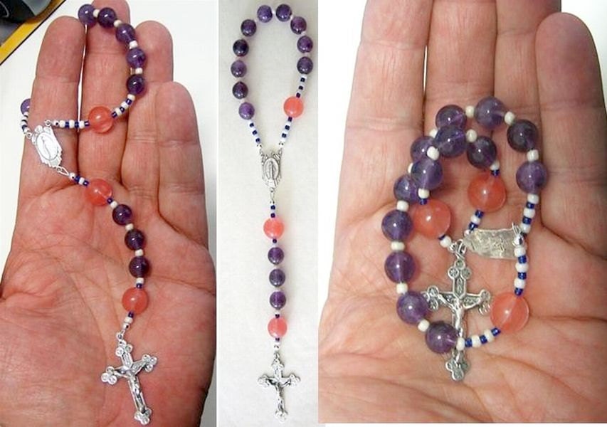 Catholic Travel Chaplet - One Decade Rosary - Amethyst, Rose Quartz and Sterling Silver