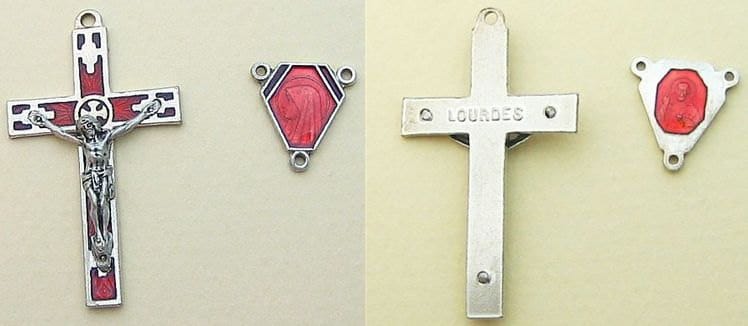 Catholic Rosary in Red Coral and Sterling Silver With Vintage Enameled Cross and Center