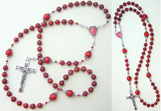 Catholic Rosary in Red Coral and Sterling Silver With Vintage Enameled Cross and Center