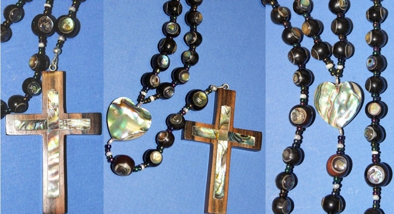 Catholic Rosary of Ebony and Paua - Abalone - Shell - Hand Made Beads From Philippines - Unique