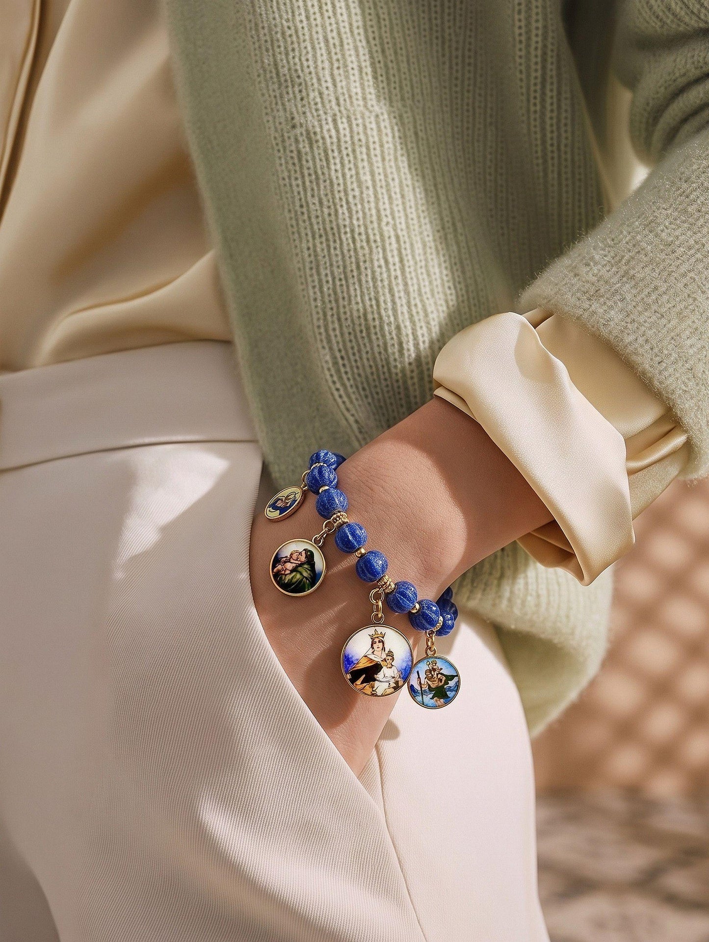 Sapphire Bracelet w 9 Vintage Enameled Painted Miniature Religious Medals in Vermeil Frames