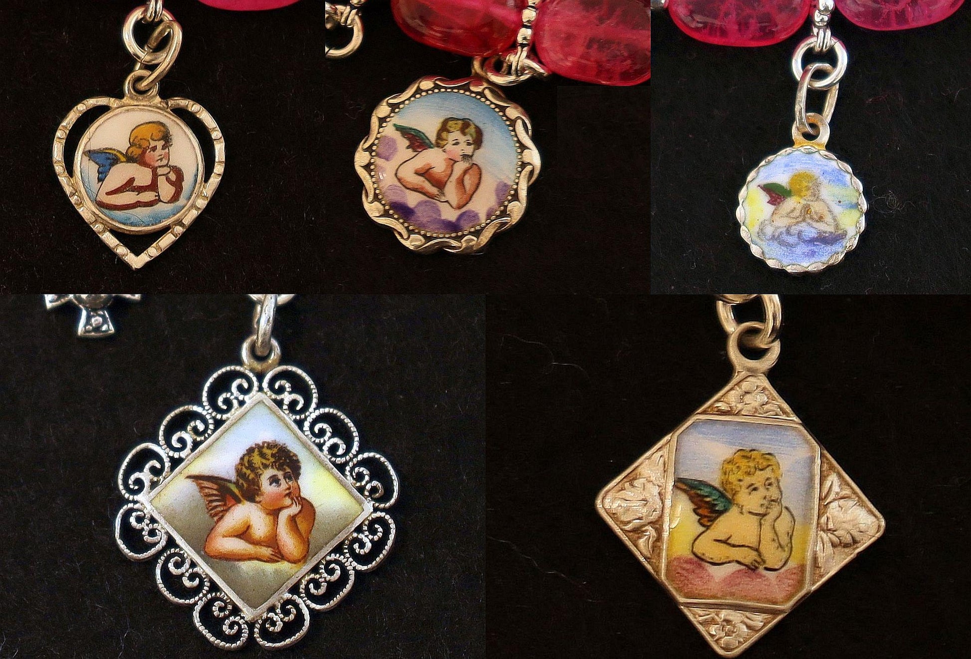 Pink Ruby & Sterling Silver Bracelet w Vintage Enameled Medals of Raphael Cherubs