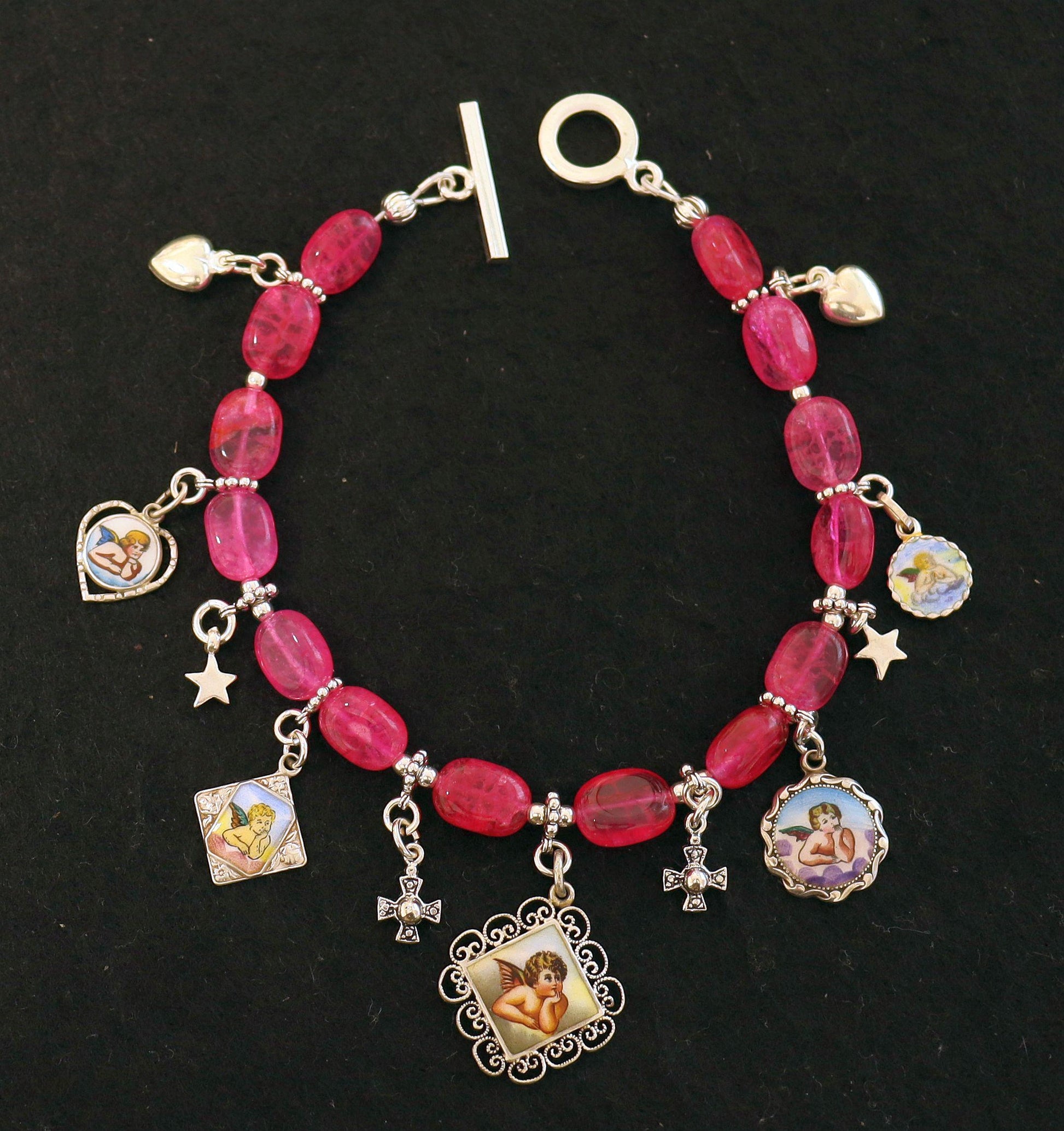 Pink Ruby & Sterling Silver Bracelet w Vintage Enameled Medals of Raphael Cherubs