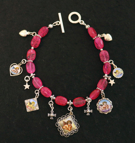 Pink Ruby & Sterling Silver Bracelet w Vintage Enameled Medals of Raphael Cherubs
