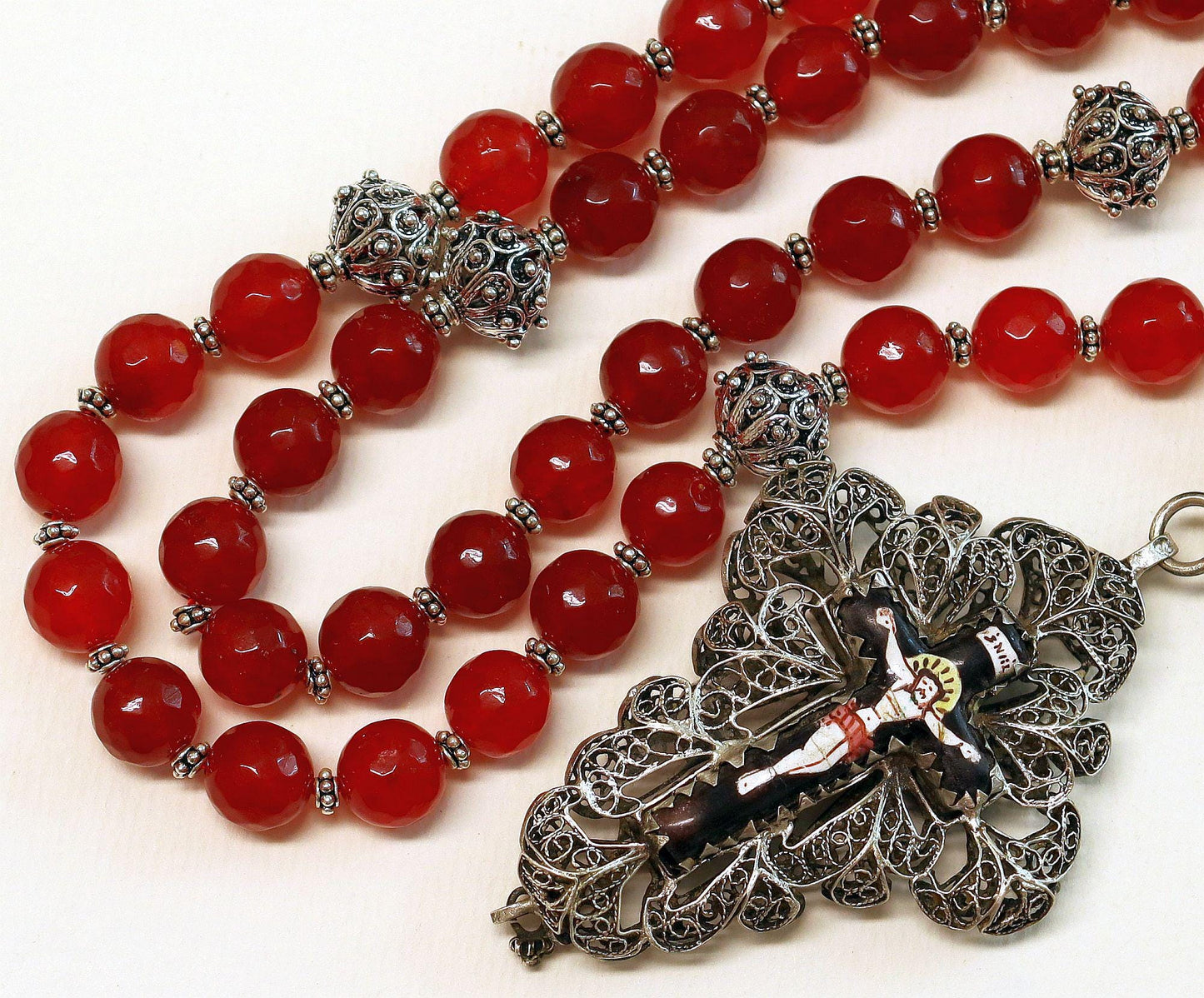 Biedermeier Bavarian Garnet & Stirling Filigree Catholic Rosary Complete w. Credo and Reliquary Porcelain Inlay Cross Exceptional - unique