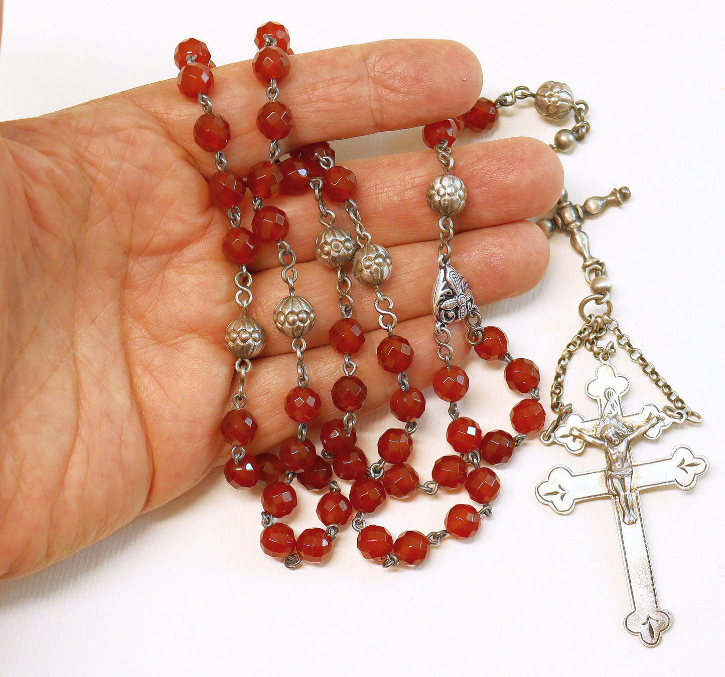Antique Sterling Silver & Carnelian Catholic Rosary w Lorraine Cross - Early 20th Cent. Very Rare