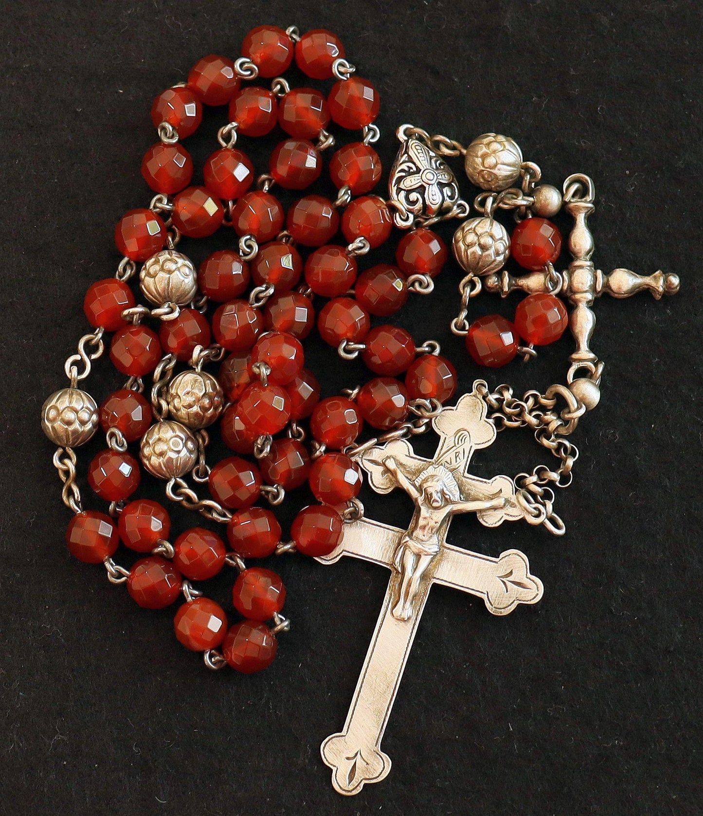 Antique Sterling Silver & Carnelian Catholic Rosary w Lorraine Cross - Early 20th Cent. Very Rare