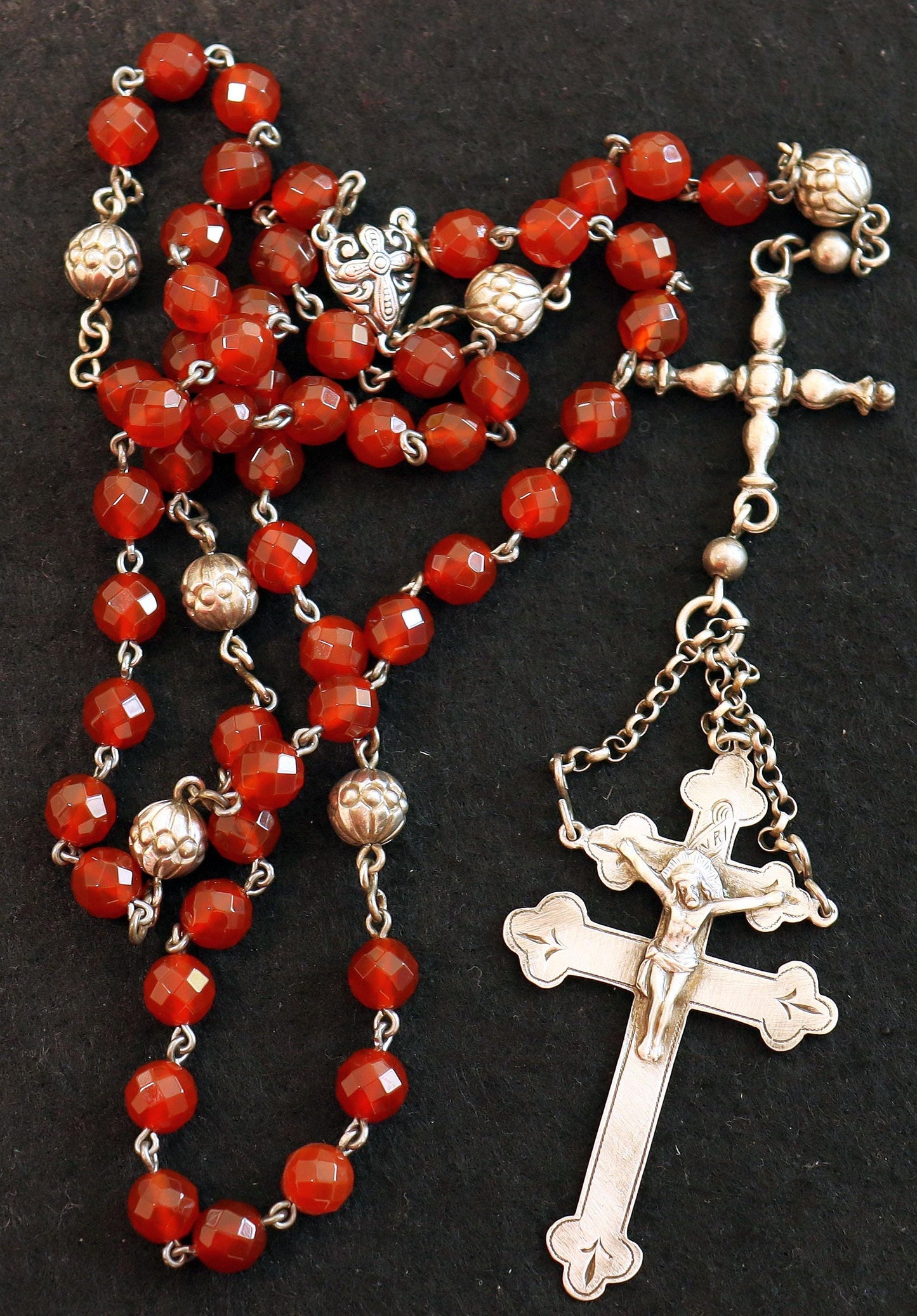 Antique Sterling Silver & Carnelian Catholic Rosary w Lorraine Cross - Early 20th Cent. Very Rare