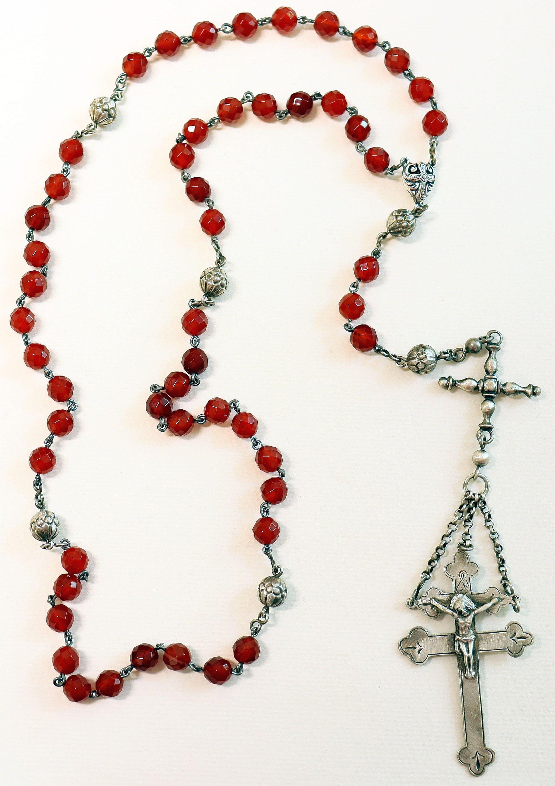 Antique Sterling Silver & Carnelian Catholic Rosary w Lorraine Cross - Early 20th Cent. Very Rare