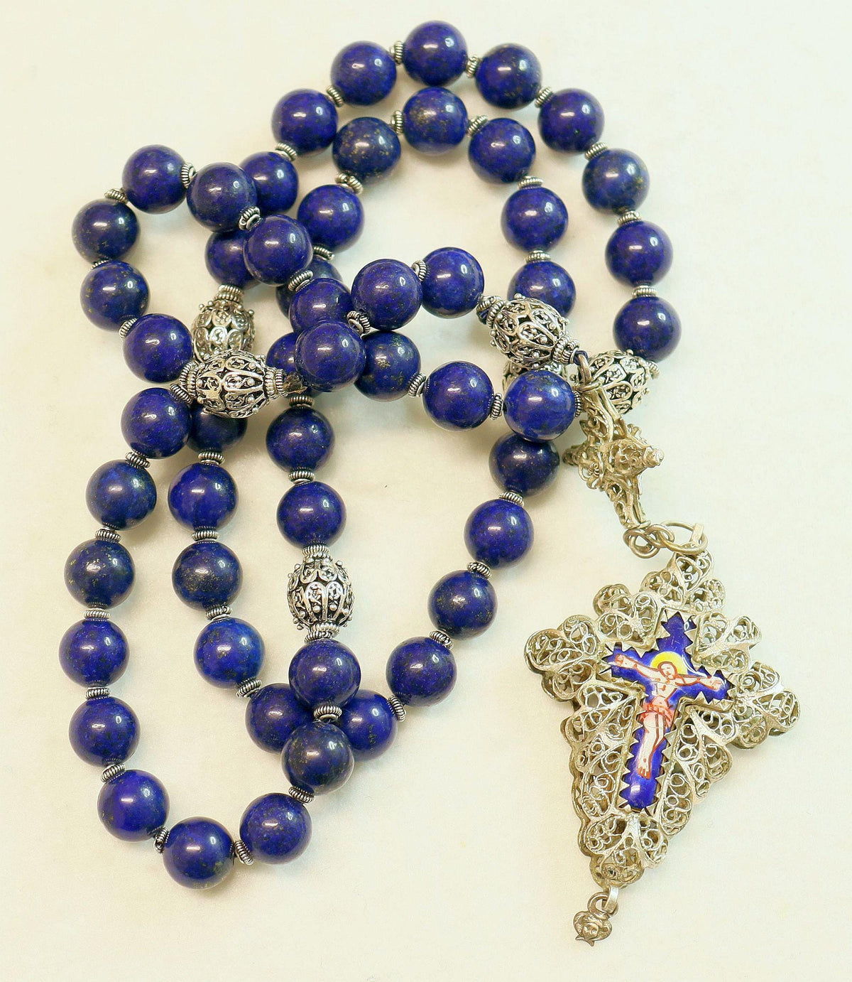 Filigree Large Catholic Rosary, Vintage Bavarian Biedermeier German Style , Lapis & Sterling, Credo and Reliquary Porcelain Inlay Crosses
