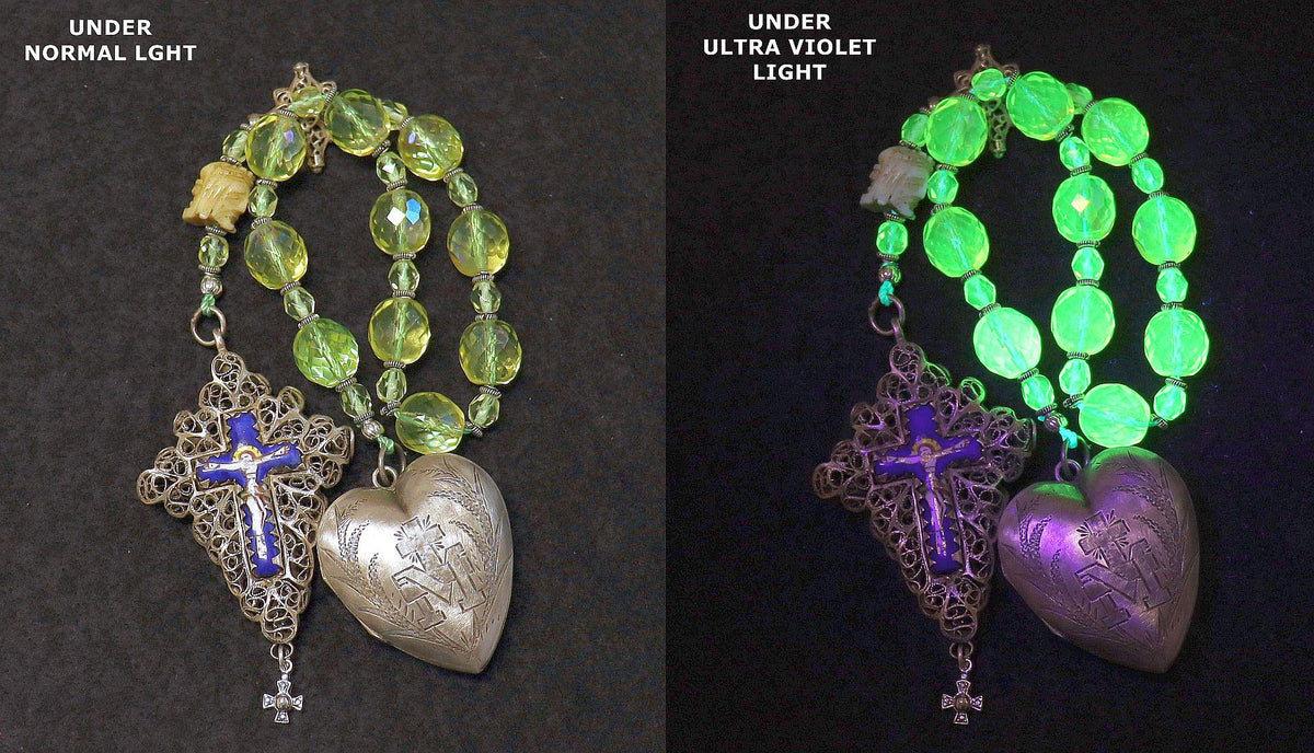 Late 19th Cent. 1 Decade Open Chaplet Uranium Glass & Sterling Silver w Janus Memento Mori and Enamel Reliquary Cross - Bavarian - Rare