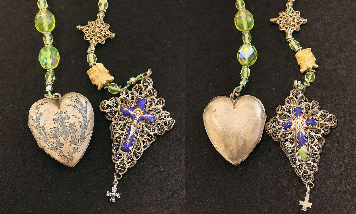 Late 19th Cent. 1 Decade Open Chaplet Uranium Glass & Sterling Silver w Janus Memento Mori and Enamel Reliquary Cross - Bavarian - Rare
