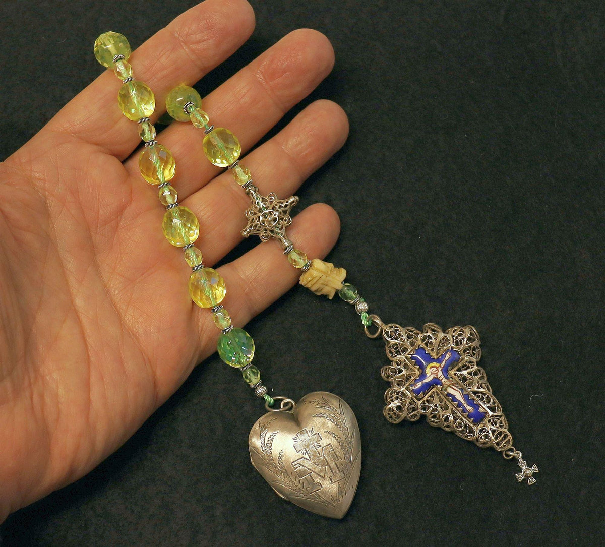 Late 19th Cent. 1 Decade Open Chaplet Uranium Glass & Sterling Silver w Janus Memento Mori and Enamel Reliquary Cross - Bavarian - Rare