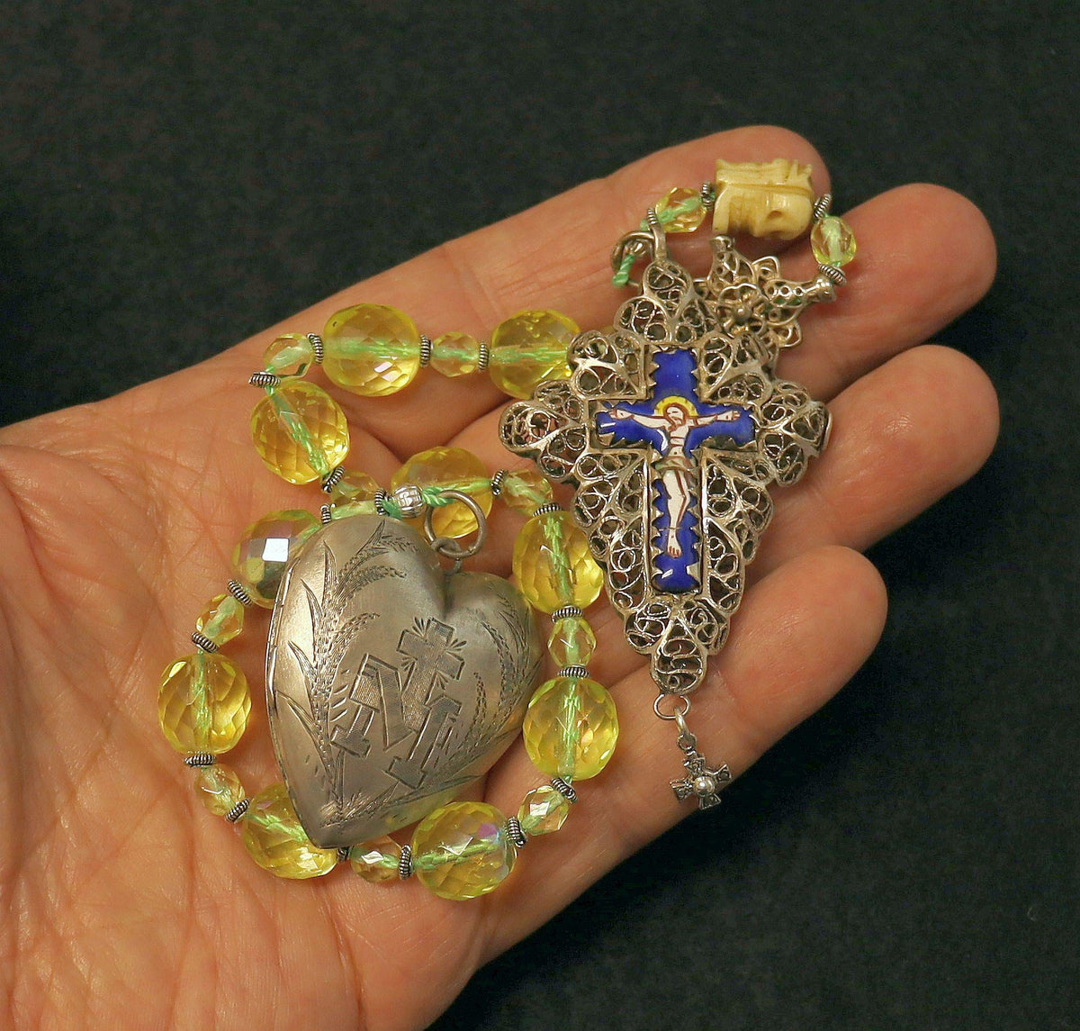 Late 19th Cent. 1 Decade Open Chaplet Uranium Glass & Sterling Silver w Janus Memento Mori and Enamel Reliquary Cross - Bavarian - Rare