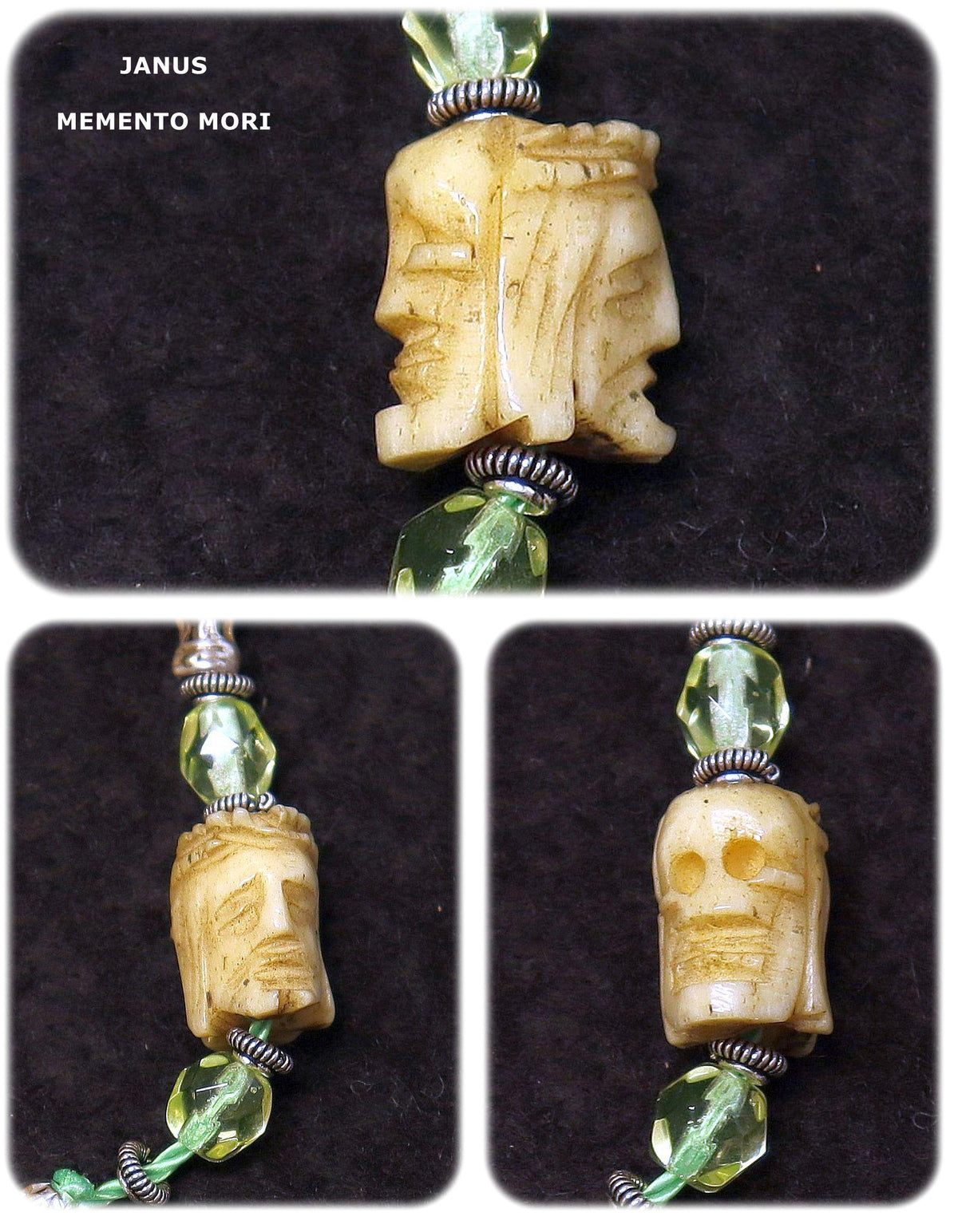 Late 19th Cent. 1 Decade Open Chaplet Uranium Glass & Sterling Silver w Janus Memento Mori and Enamel Reliquary Cross - Bavarian - Rare